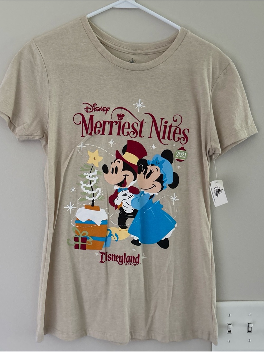 Disney Beige Merriest Nites Women’s Tee with Blue & Red Holiday Art